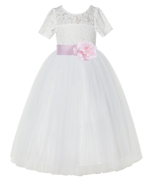 Ivory Floral Lace Flower Girl Dress with Sleeves Formal Pageant Dresses for Toddler Girls LG2T(5)