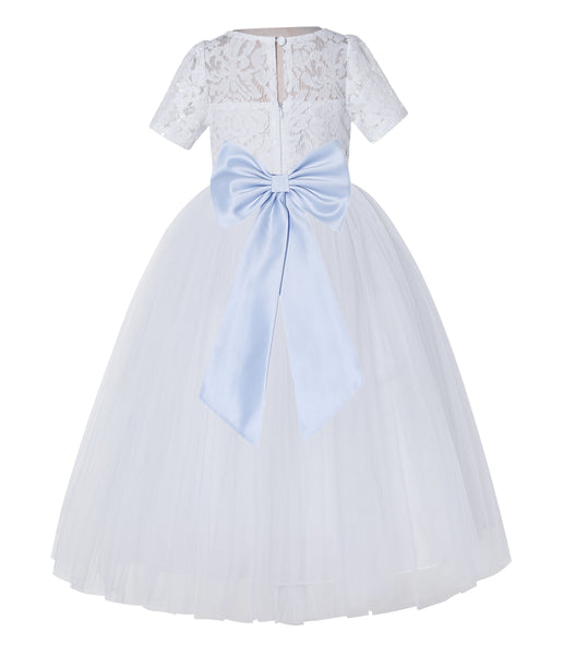 White Floral Lace Flower Girl Dress with Sleeves Junior Bridesmaid Gown Wedding Reception LG2T(5)