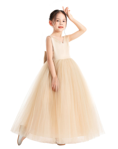 V-Neck Satin Flower Girl Dress for Special Occasions Birthday Gown Father Daughter Dance Recital 522