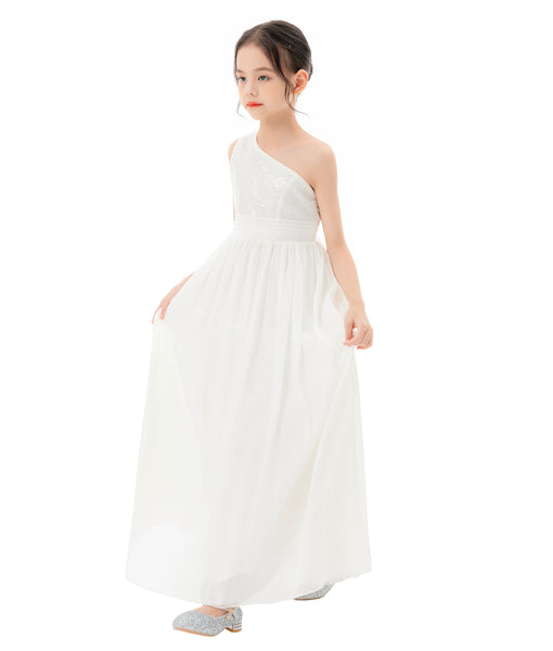 One Shoulder Sequins Chiffon Flower Girl Dress for Special Occasions Photoshoot Ceremonial Gown 328