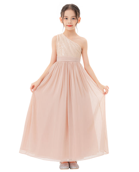 One Shoulder Sequins Chiffon Flower Girl Dress for Special Occasions Photoshoot Ceremonial Gown 328