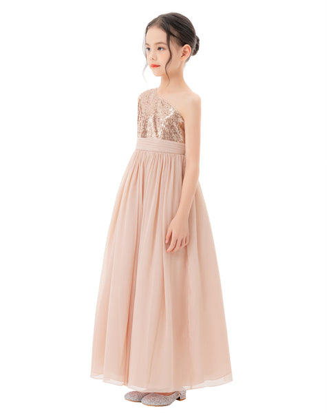 One Shoulder Sequins Chiffon Flower Girl Dress for Special Occasions Photoshoot Ceremonial Gown 328