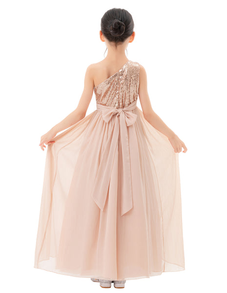 One Shoulder Sequins Chiffon Flower Girl Dress for Special Occasions Photoshoot Ceremonial Gown 328