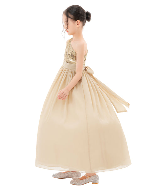 One Shoulder Sequins Chiffon Flower Girl Dress for Special Occasions Photoshoot Ceremonial Gown 328