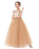 Sequins V-Back Cap Sleeves Formal Flower Girl Dresses for Junior Pageant Christening Church Gown 323