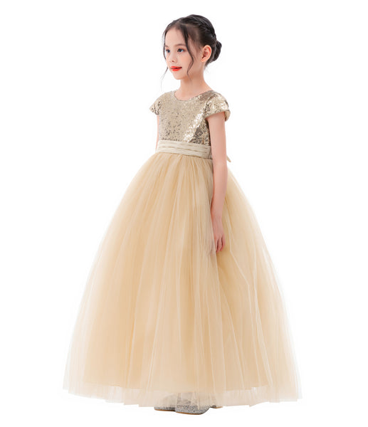 Sequins V-Back Cap Sleeves Formal Flower Girl Dresses for Junior Pageant Christening Church Gown 323