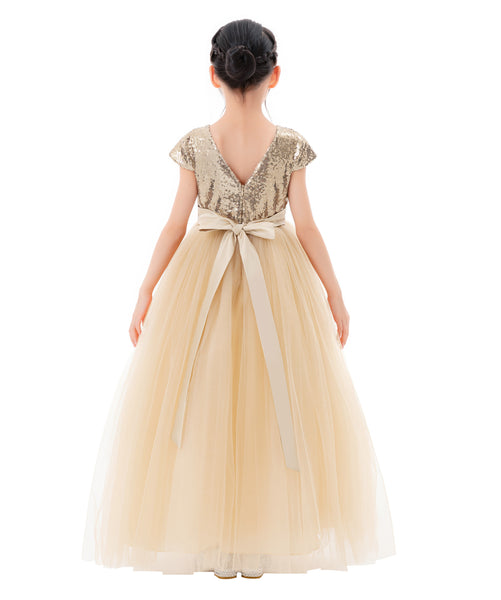 Sequins V-Back Cap Sleeves Formal Flower Girl Dresses for Junior Pageant Christening Church Gown 323