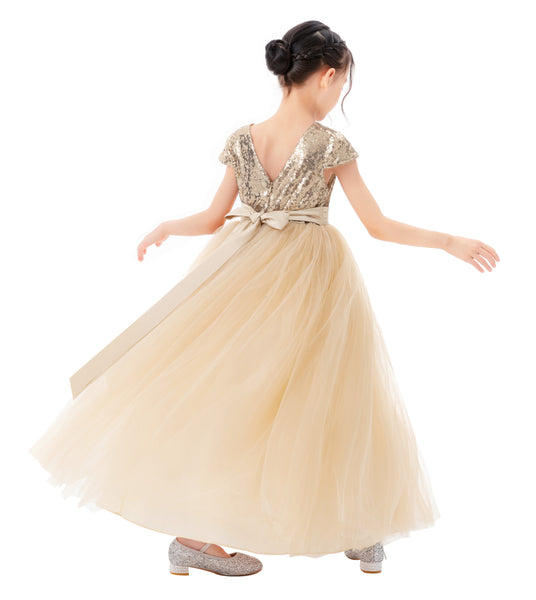 Sequins V-Back Cap Sleeves Formal Flower Girl Dresses for Junior Pageant Christening Church Gown 323