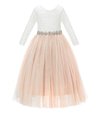 A-Line V-Back Lace Flower Girl Dresses with Sleeves Pretty Princess Gown Formal Birthday Party 290R2