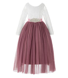 A-Line V-Back Lace Flower Girl Dress with Sleeves Formal Junior Princess Gown Special Occasion 290R3
