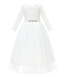 A-Line V-Back Lace Flower Girl Dresses with Sleeves Formal Novelty Photoshoot Ceremonial Gown 290R4