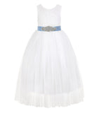 Ivory Scalloped V-Back Lace A-Line Flower Girl Dress with Colored Sash Social Events Parties 207R3