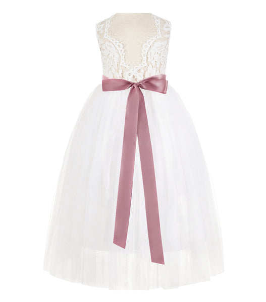 Ivory Scalloped V-Back Lace A-Line Flower Girl Dress with Colored Sash Social Events Parties 207R3