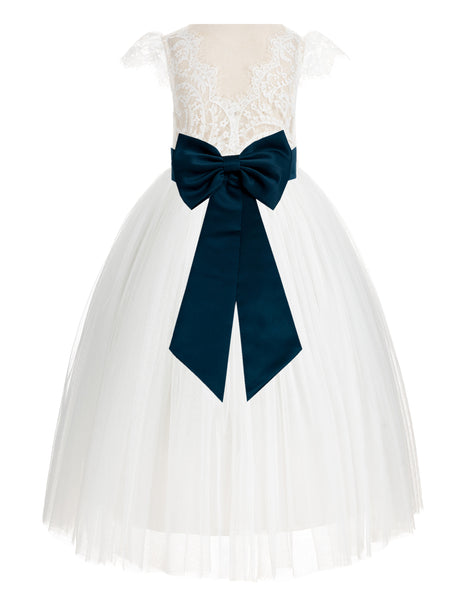 Ivory Cap Sleeves V-Back Lace Flower Girl Dress Special Occasions Junior Bridesmaid Gown 622T(1)