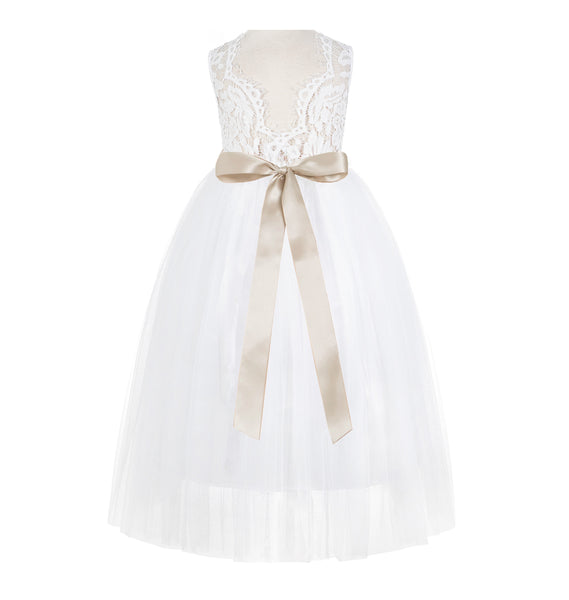 White Scalloped V-Back Lace A-Line Flower Girl Dress with Colored Sash Social Events Parties 207R3