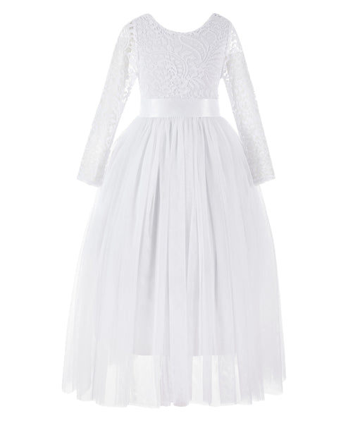 A-Line V-Back Lace Flower Girl Dresses with Sleeves Junior Pageant Wedding Junior Bridesmaid 290R