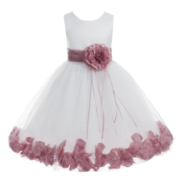 White Tulle Floral Rose Petals Princess Wedding Pageant Recital Birthday Flower Girl Dress 007(1)