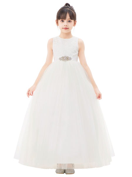 Heart Cutout Floral Lace Flower Girl Dress with Rhinestone Sash Junior Bridesmaid Gown Toddler 172R3