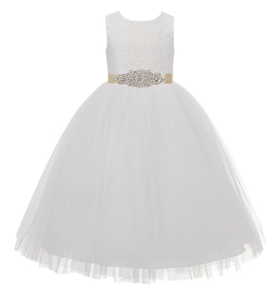 Heart Cutout Floral Lace Flower Girl Dress with Rhinestone Sash Junior Bridesmaid Gown Toddler 172R3