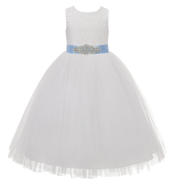 Heart Cutout Floral Lace Flower Girl Dress with Rhinestone Sash Junior Bridesmaid Gown Toddler 172R3