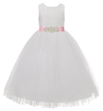 Heart Cutout Floral Lace Flower Girl Dress with Rhinestone Sash Junior Bridesmaid Gown Toddler 172R3