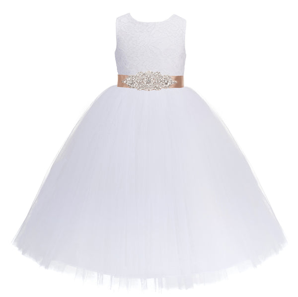 Heart Cutout Floral Lace Flower Girl Dress with Rhinestone Sash Junior Bridesmaid Gown Toddler 172R3