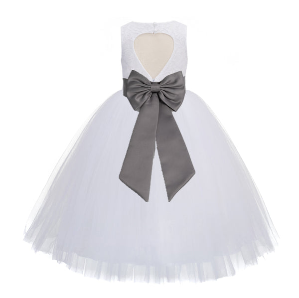 White Floral Lace Heart Cutout Flower Girl Dress Communion Baptism Junior Bridesmaid Dress 172T(3)