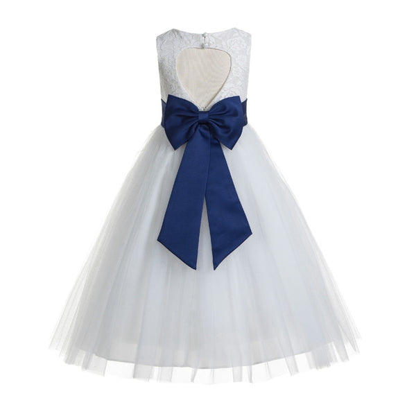 White Floral Lace Heart Cutout Flower Girl Dress Communion Baptism Junior Bridesmaid Dress 172T(4)