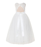 Floral Lace Tulle Keyhole Back Scoop Neck A-Line Flower Girl Dress for Toddler Mini Bridal Gown 178R