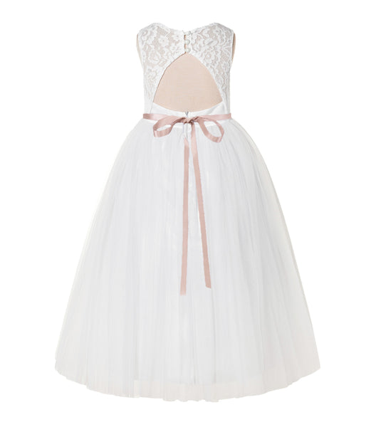 A-Line Lace Tulle Keyhole Back Flower Girl Dress with Rhinestone Sash for Pretty Princesses 178R1