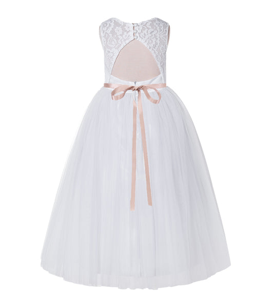 A-Line Lace Tulle Keyhole Back Flower Girl Dress with Rhinestone Sash for Pretty Princesses 178R1