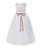 A-Line Lace Tulle Keyhole Back Flower Girl Dress with Rhinestone Sash for Pretty Princesses 178R1