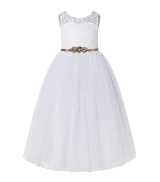 A-Line Lace Tulle Keyhole Back Flower Girl Dress with Rhinestone Sash for Pretty Princesses 178R1