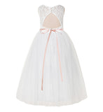 Illusion Lace Tulle Keyhole Back Flower Girl Dress with Rhinestone Sash Junior Bridesmaid 178R2