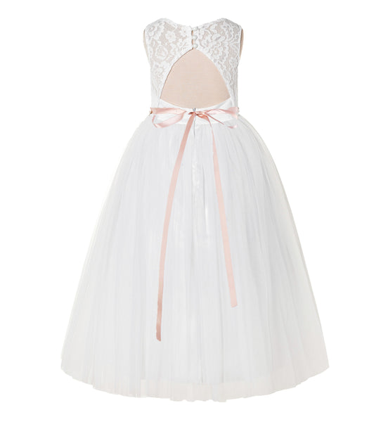 Illusion Lace Tulle Keyhole Back Flower Girl Dress with Rhinestone Sash Junior Bridesmaid 178R2