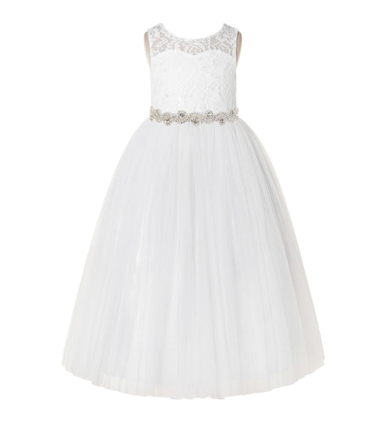 Illusion Lace Tulle Keyhole Back Flower Girl Dress with Rhinestone Sash Junior Bridesmaid 178R2