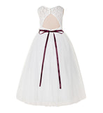 Illusion Lace Tulle Keyhole Back Flower Girl Dress with Rhinestone Sash Junior Bridesmaid 178R2