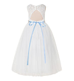 Illusion Lace Tulle Keyhole Back Flower Girl Dress with Rhinestone Sash Junior Bridesmaid 178R2