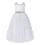 Floral Lace Keyhole Back Flower Girl Dresses with Rhinestone Beaded Sash for Wedding Pageants 178R3