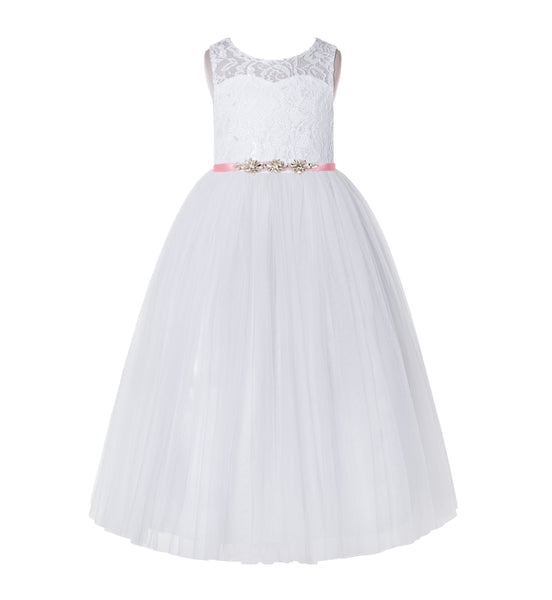 Illusion Lace Scoop Neck A-Line Flower Girl Dresses with Rhinestone Sash for Ballroom Dance 178R4