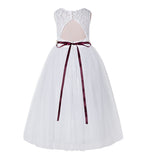 Illusion Lace Tulle Keyhole Back Flower Girl Dress with Rhinestone Sash Junior Bridesmaid 178R2