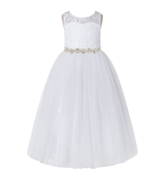 Illusion Lace Tulle Keyhole Back Flower Girl Dress with Rhinestone Sash Junior Bridesmaid 178R2