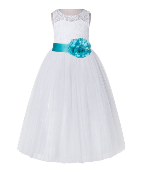 White Lace Flower Girl Dress Keyhole Back with Colored Sash for Junior Bridesmaid Toddlers 178T(1)