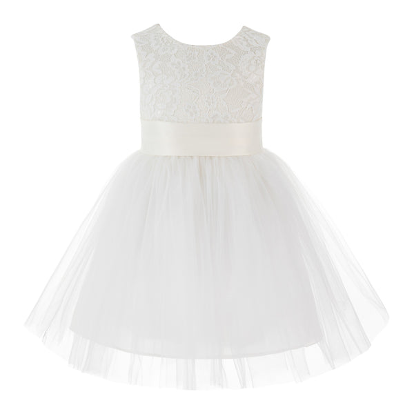 Knee Length Backless Ivory Lace Flower Girl Dress with Tiebow Dance Recital for Toddlers 206T(6)