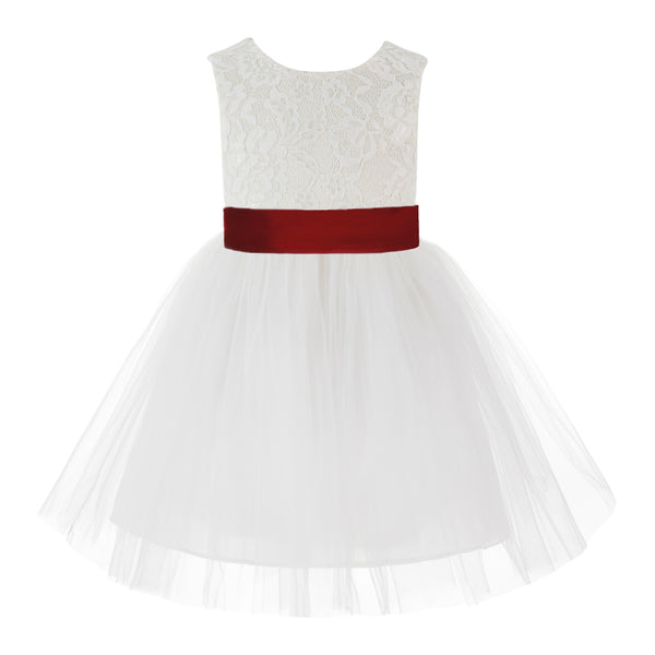 Knee Length Backless Ivory Lace Flower Girl Dress with Tiebow Dance Recital for Toddlers 206T(4)