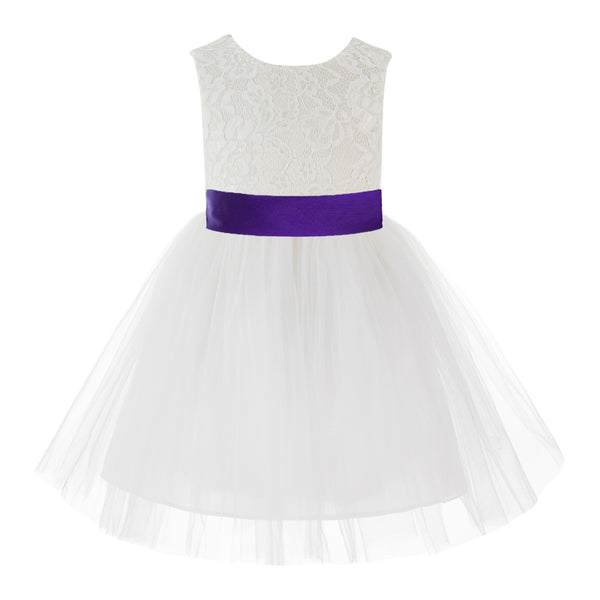 Knee Length Backless Ivory Lace Flower Girl Dress with Tiebow Dance Recital for Toddlers 206T(4)