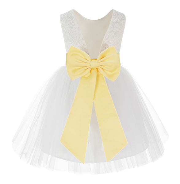 Knee Length Backless Ivory Lace Flower Girl Dress with Tiebow Dance Recital for Toddlers 206T(4)