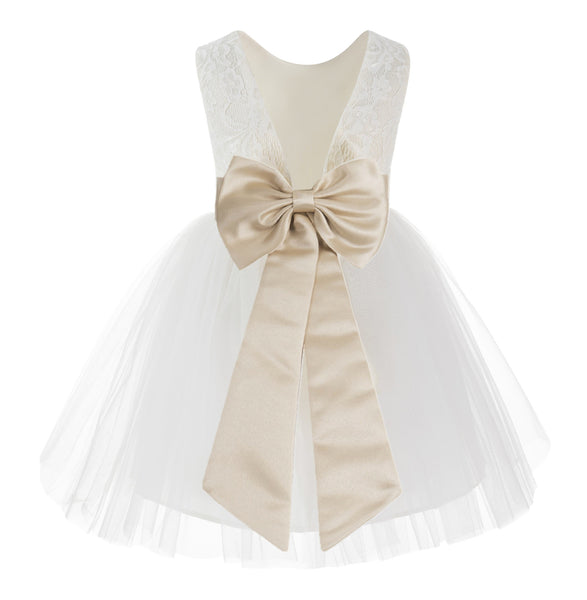 Knee Length Backless Ivory Lace Flower Girl Dress with Tiebow Dance Recital for Toddlers 206T(3)