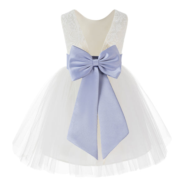 Knee Length Backless Ivory Lace Flower Girl Dress with Tiebow Dance Recital for Toddlers 206T(6)