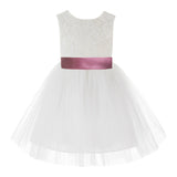 Knee Length Backless Ivory Lace Flower Girl Dress with Tiebow Dance Recital for Toddlers 206T(6)